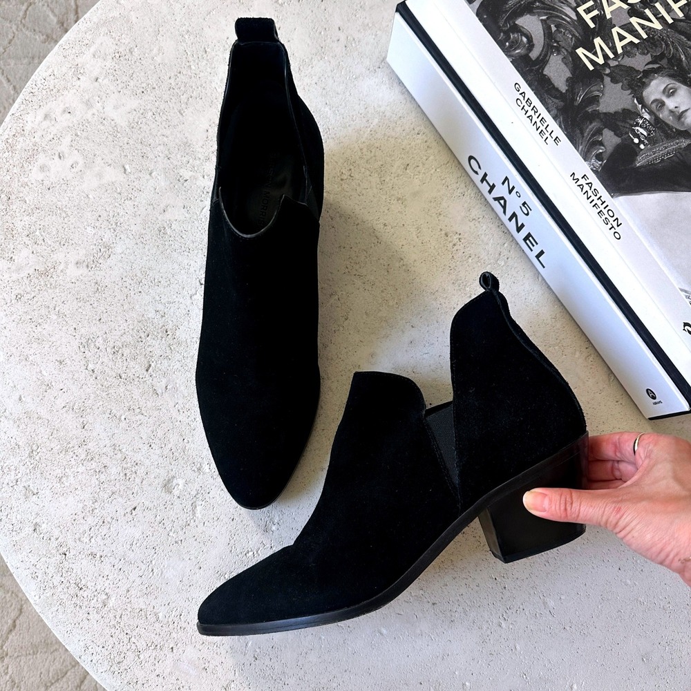 Sigerson Morrison Black Suede Pointed Toe Chelsea Ankle Boots Block Heel 11